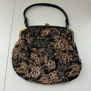 Vintage 1950s Tapestry Handbag Black Brass Buckle Clasp 11 x 9